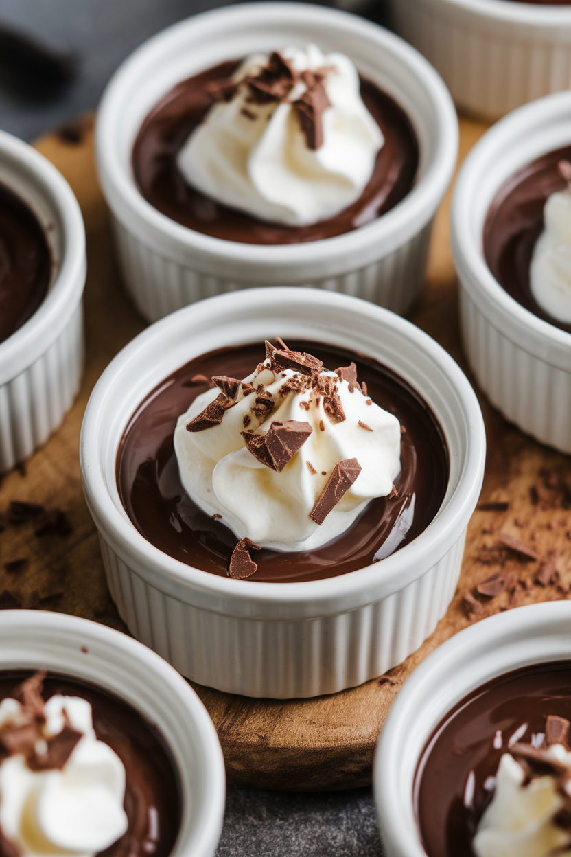 Indoor close-up of small ramekins filled with silky dark chocolate custard, topped with dollops of whipped cream and chocolate shavings. No text or logos. Photo.