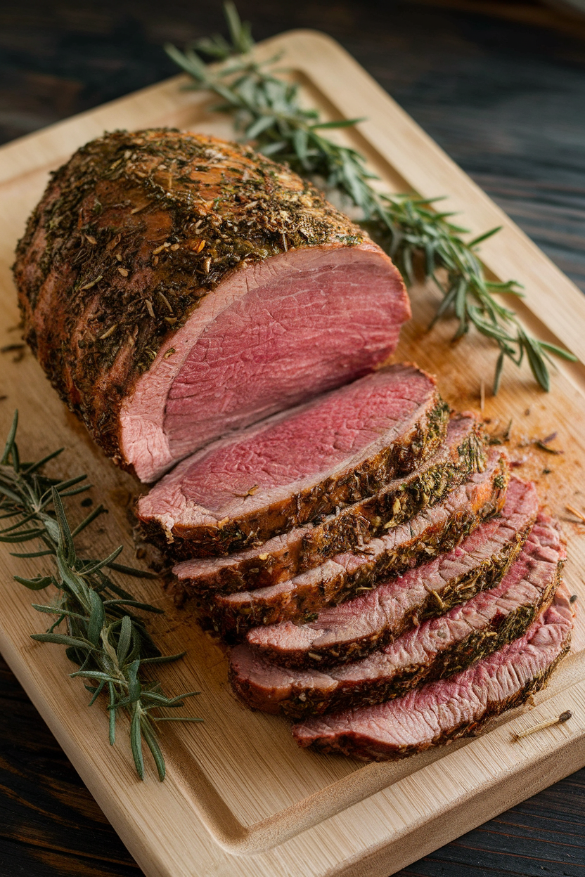 An indoor carving board holding a medium-rare eye round roast coated in herbs, slices fanned neatly. No text or logos; photo.