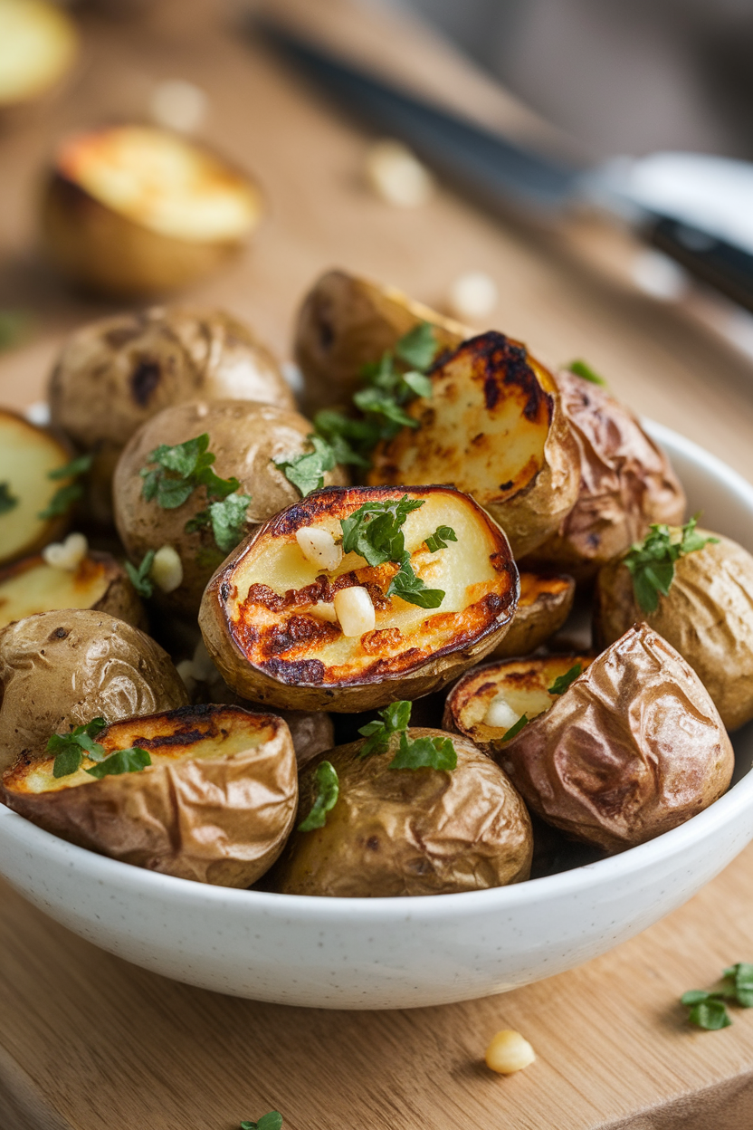 An indoor serving bowl piled high with roasted fingerling potatoes, charred edges visible, sprinkled with minced parsley and garlic. This should be a photo, not an illustration. No text or logos anywhere in the scene.