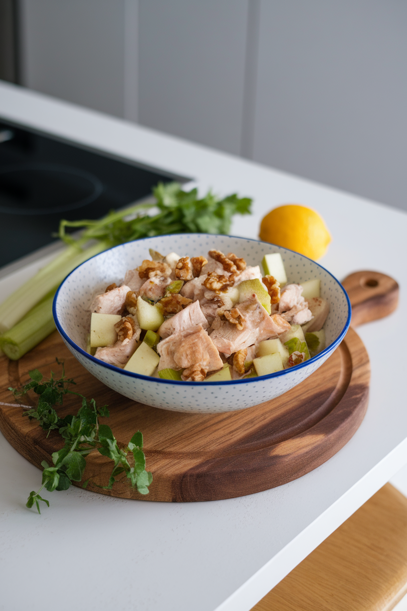 Indoor kitchen island set with a bowl of diced chicken breast mixed with apple chunks, celery, and walnuts in a light yogurt dressing. No text or logos present. Photo only.