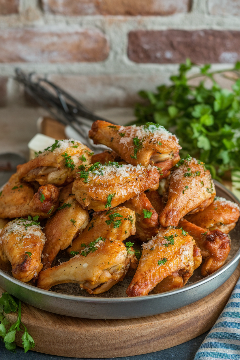Photo of an indoor serving platter piled with golden roasted chicken wings dusted in grated Parmesan and chopped parsley; no text or logos.