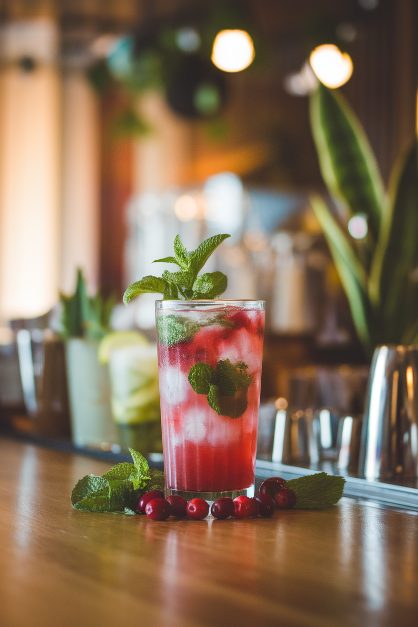 Indoor bar with a tall Collins glass of cranberry ginger mojito, fresh mint leaves and cranberries scattered around base. Photo, no text or logos.