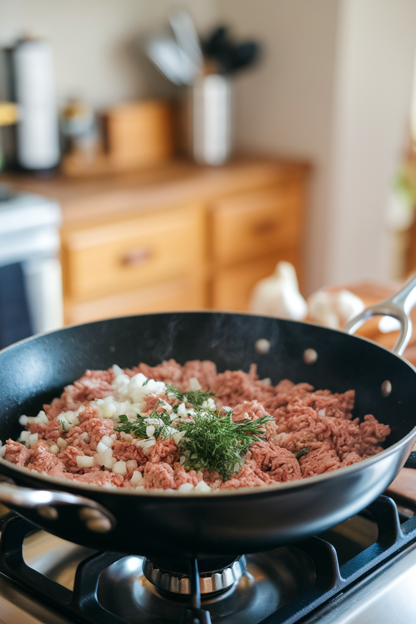 A stovetop skillet indoors browning ground turkey with diced onions and herbs, no brand names or logos on cookware.