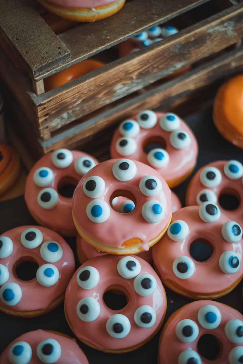 Glazed ring donuts coated in bright icing and topped with candy eyeballs of assorted sizes, indoor bakery vibe, no text or logos.