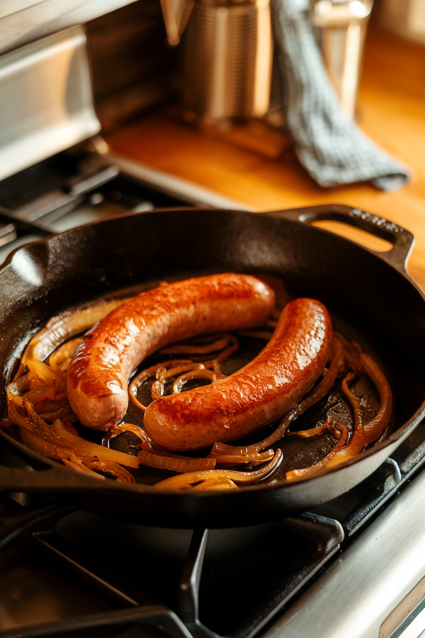 Indoor stovetop scene with a cast-iron skillet containing cooked bratwursts nestled in caramelized onions and a splash of amber liquid. No text or logos.