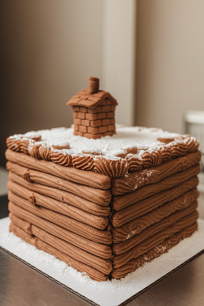 Rectangular cake indoors textured and piped to resemble wooden logs, dusted with powdered sugar “snow,” with a small fondant chimney. No logos visible.
