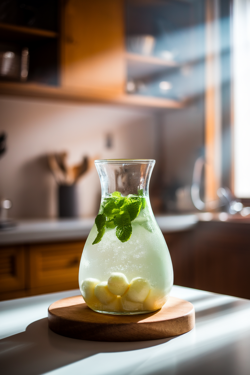 Indoor photo of glass carafe with light green agua fresca, floating spearmint leaves, melon balls at bottom; morning kitchen light; no text or logos.