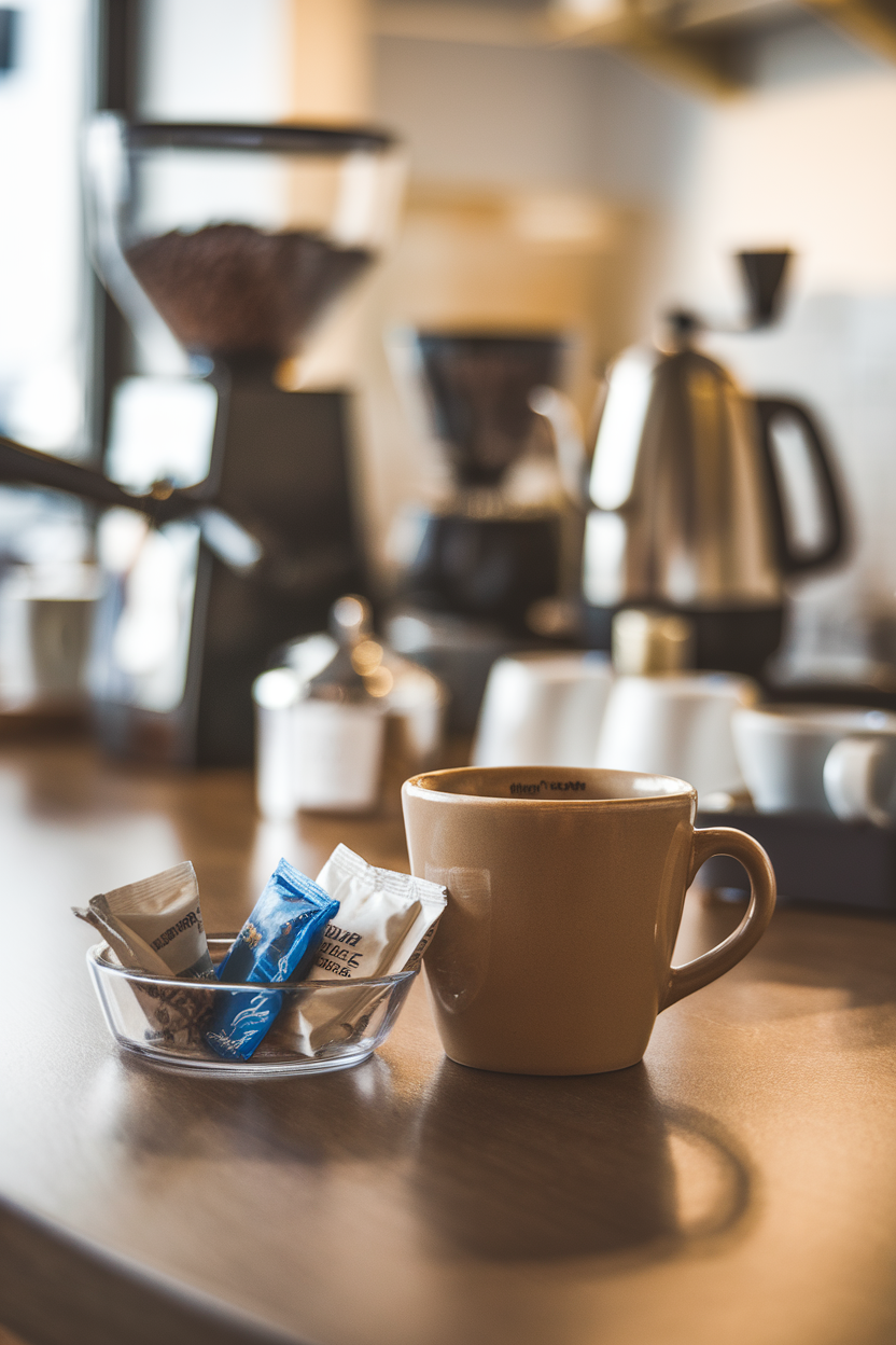 Indoor coffee bar scene showing a small dish of sugar packets pushed aside, plain coffee mug in focus—photo.