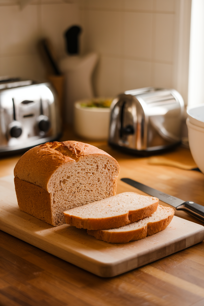 A warmly lit indoor kitchen counter displaying a sliced loaf of classic whole-wheat sandwich bread on a wooden cutting board, a bread knife resting nearby. No text or logos visible. Photo, not illustration.