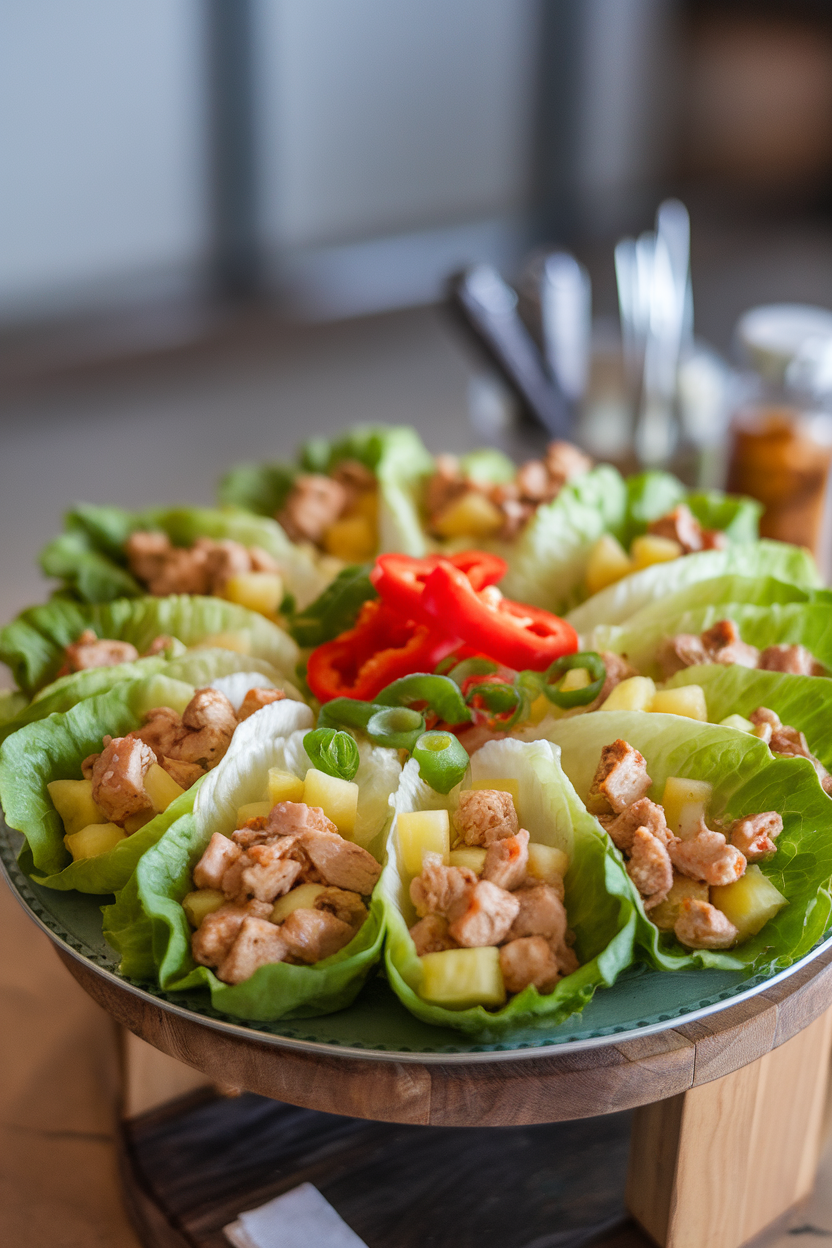 Platter indoors featuring lettuce leaves filled with diced chicken and pineapple mixture, no text or logos