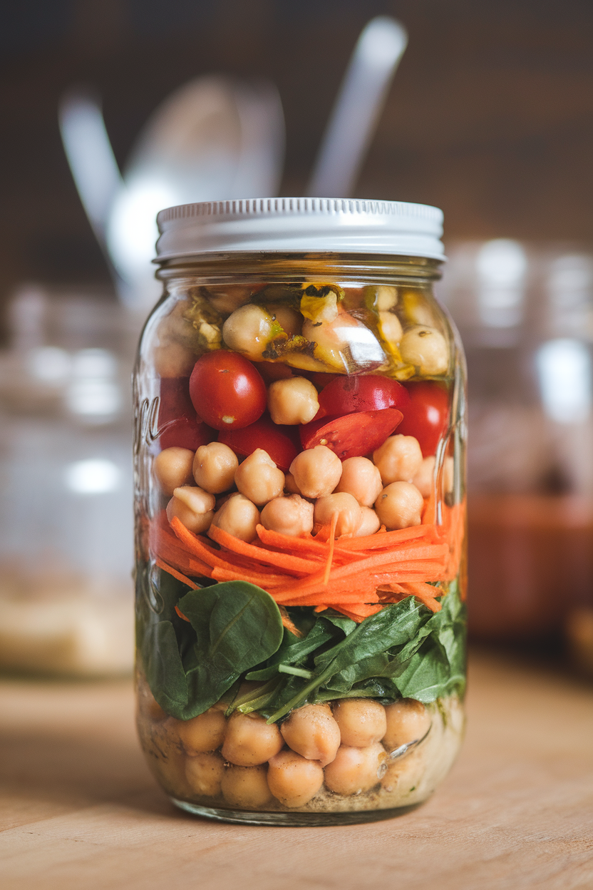 An indoor photo of a tall mason jar layered from bottom to top with vinaigrette, chickpeas, cherry tomatoes, shredded carrots, spinach, and arugula, standing on a countertop. No text or logos.