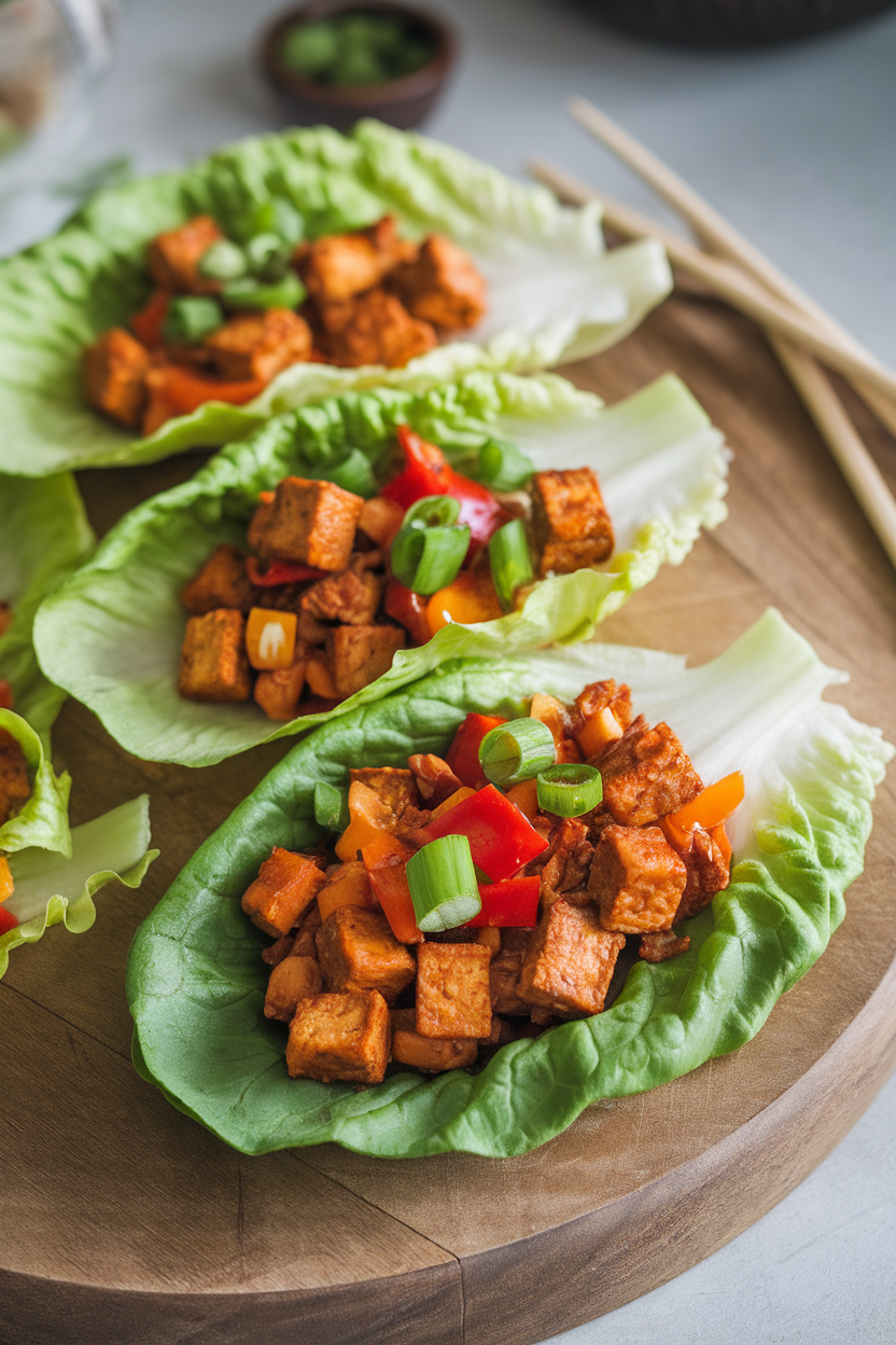 Indoor photo of lettuce leaves filled with sautéed tofu crumbles, diced bell peppers, and scallions. No text or logos visible.