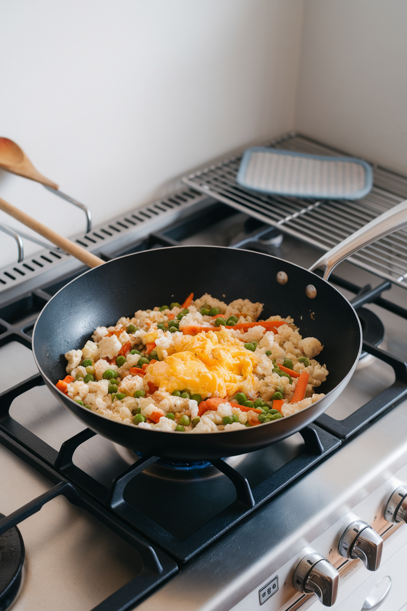 Wok on indoor stovetop containing cauliflower rice mixed with peas, carrots, and scrambled egg, no text or logos