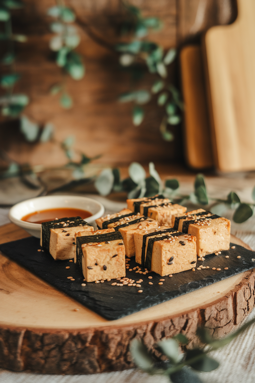 Indoor photo of small baked tofu cubes wrapped with thin nori strips and sprinkled with sesame seeds, arranged on a slate serving board. No text or logos present.