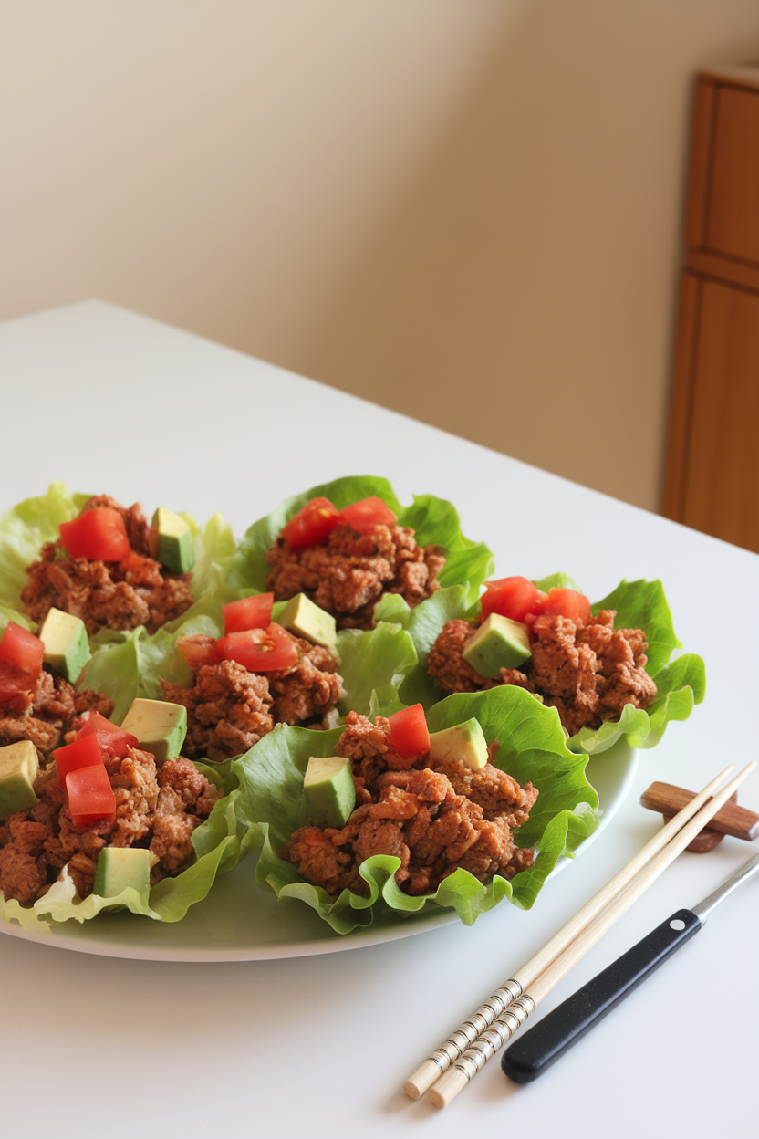 A brightly lit indoor table showing lettuce cups filled with seasoned ground turkey, diced tomatoes, and avocado cubes. Photo, no text or logos.