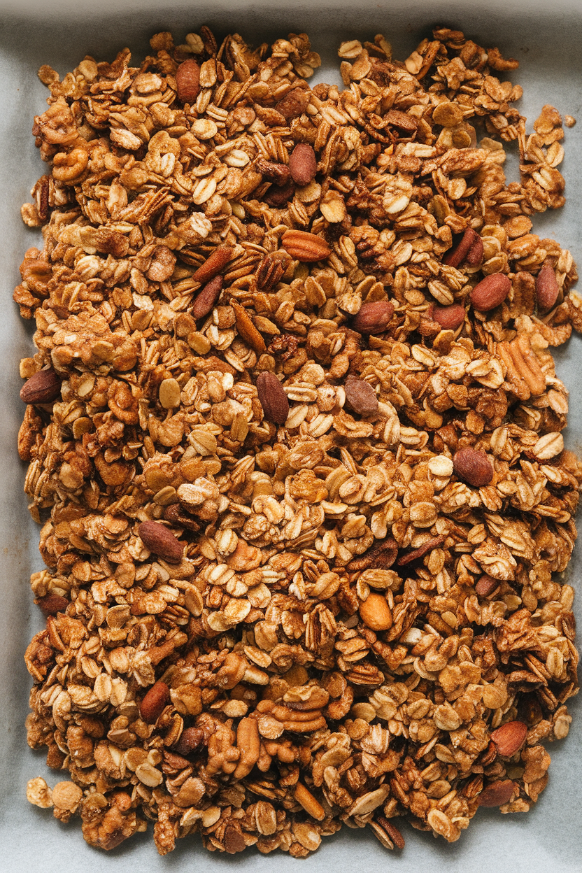 An indoor baking sheet filled with chunky gingerbread-spiced granola featuring oats, molasses, and toasted nuts, cooling on parchment. No text or logos, photo only.