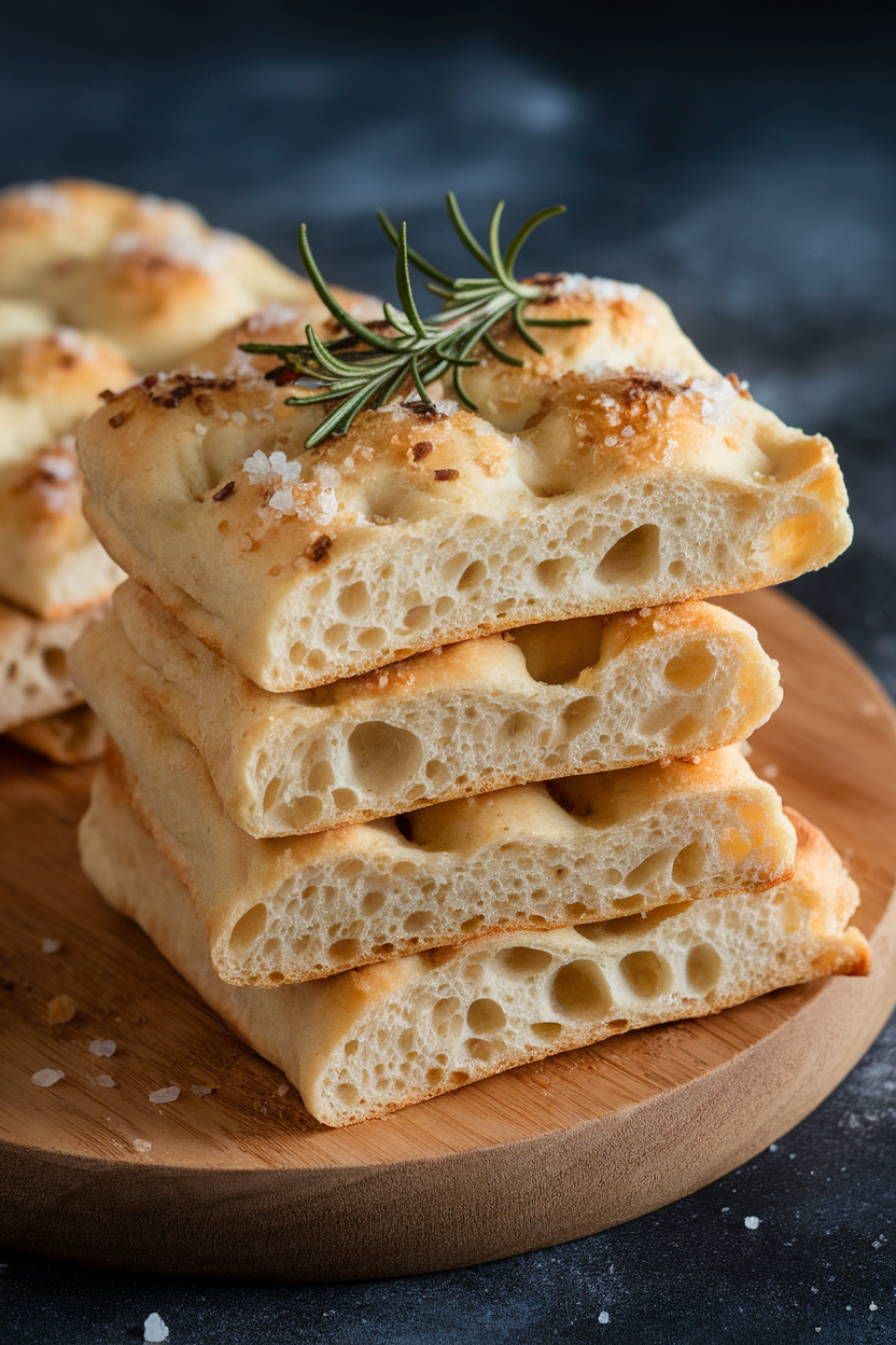 Indoor breadboard stacked with airy focaccia pieces topped with rosemary needles and flaky salt; no text or logos
