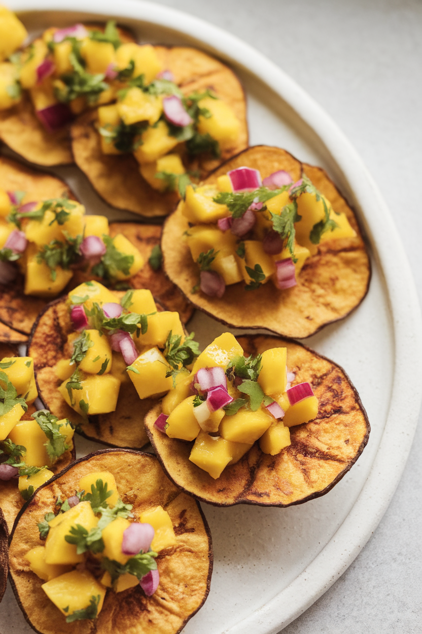 Indoor photo of homemade baked plantain chips topped with colorful mango salsa, served on a white ceramic platter. No logos or text in scene.
