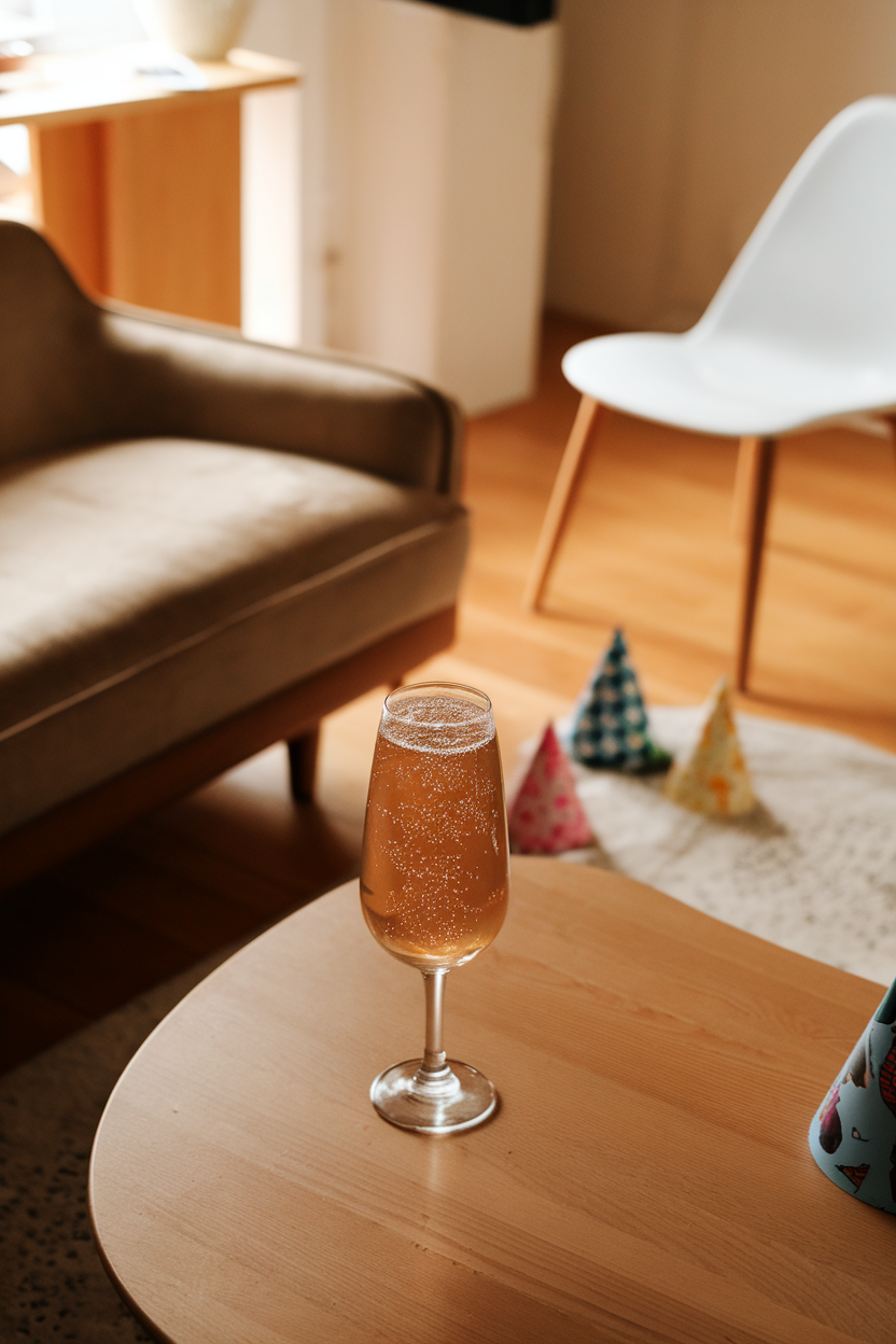 An indoor family living room showing a flute of golden alcohol-free sparkling tea with tiny bubbles, kids’ party hats blurred in background. Photo, not illustration. No text or logos.