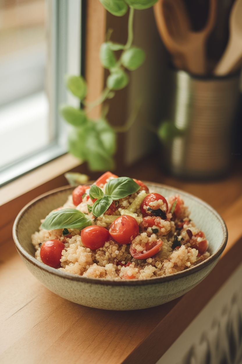 An indoor bowl of fluffy quinoa mixed with cherry tomatoes, basil ribbons, and a light vinaigrette; bright window light, no text or logos, photo not illustration.