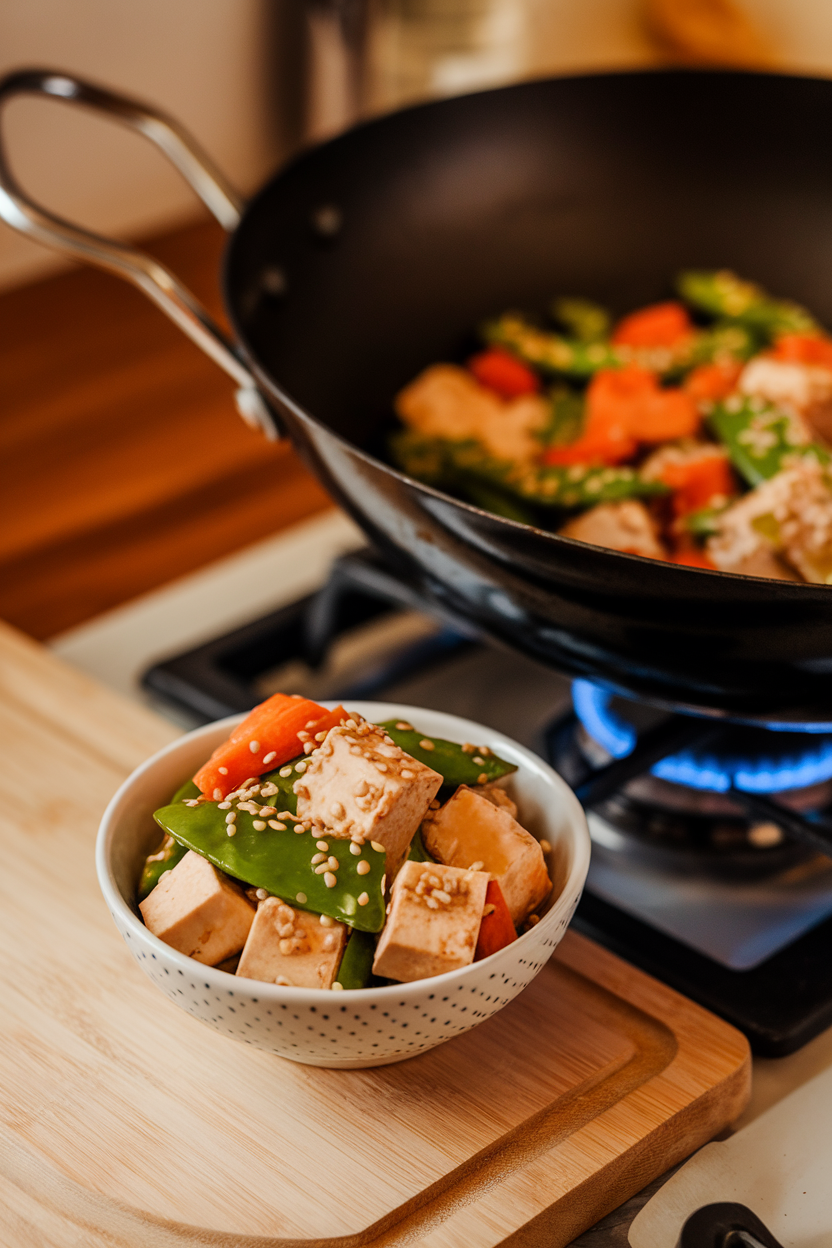 An indoor wok filled with cubed tofu, snap peas, carrots, and sesame seeds in a light glaze, portioned into a small bowl beside it. No text or logos.
