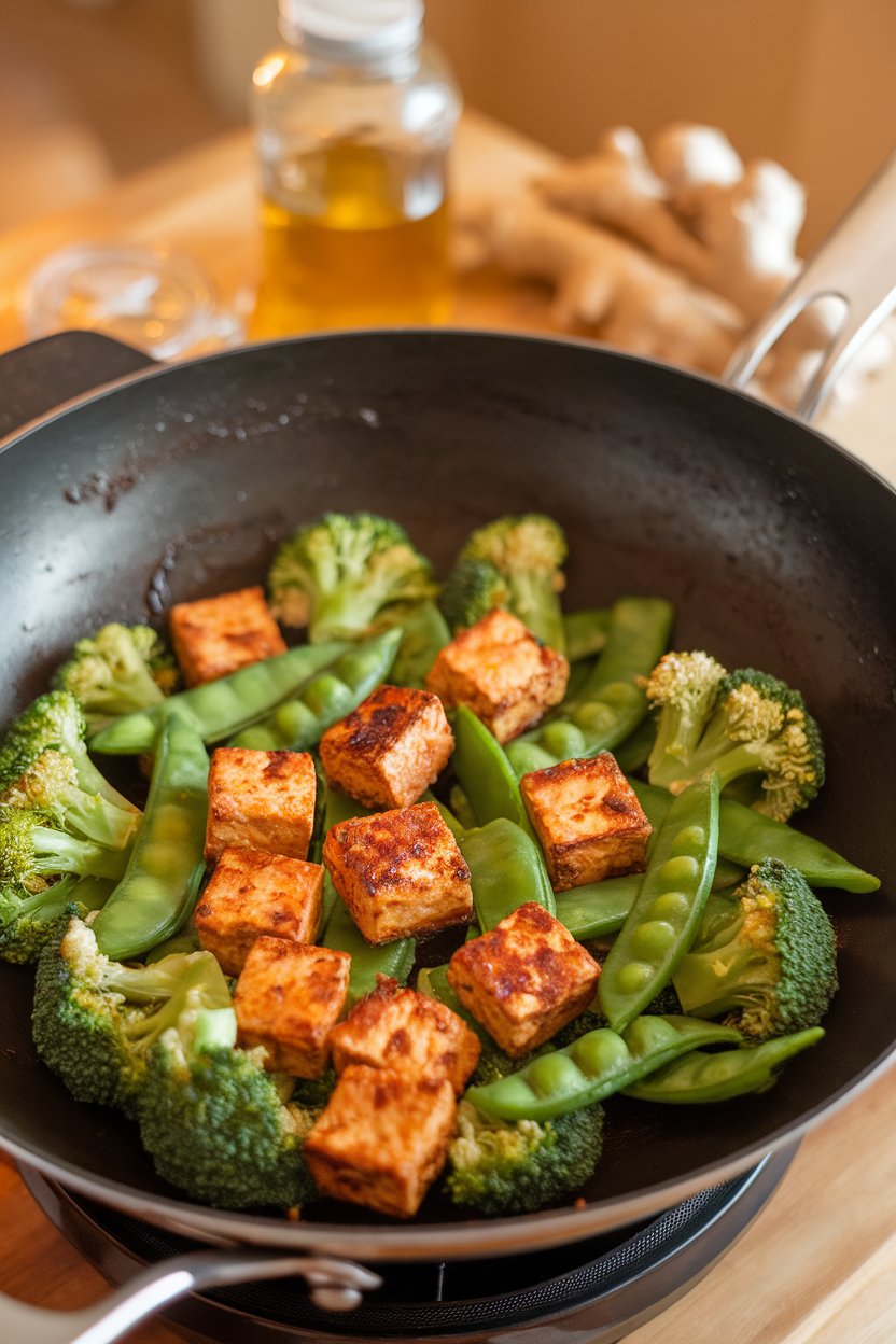 An indoor wok loaded with browned tempeh cubes, broccoli florets, and snap peas in a light sesame glaze. No text or logos.