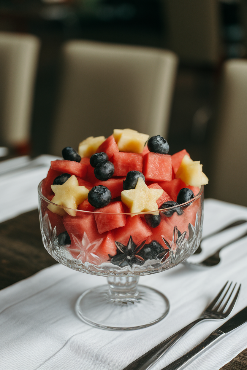 An indoor dining table featuring a glass bowl filled with cubed watermelon, star-shaped pineapple pieces, and blueberries, all glistening under soft light. No text or logos.