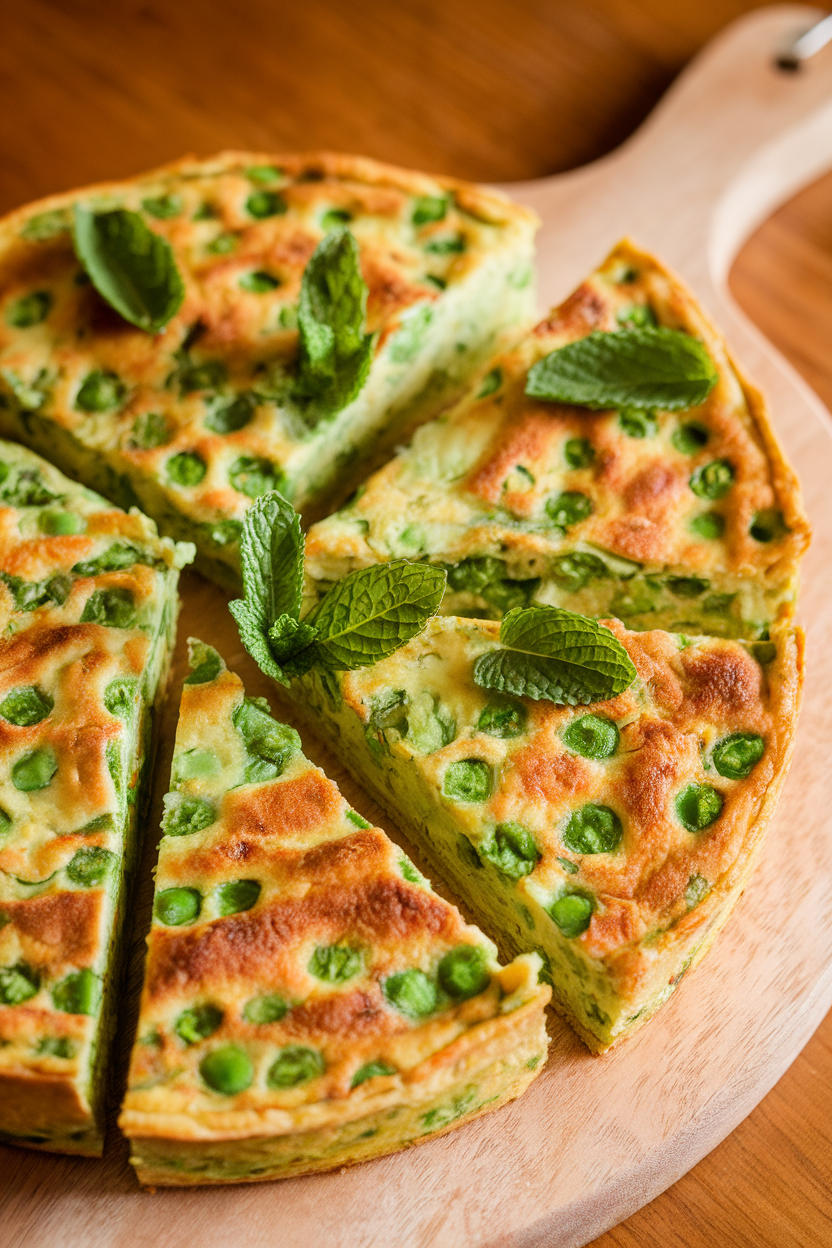 An indoor serving board with wedges of pea and mint frittata, bright green flecks visible. No text or logos.