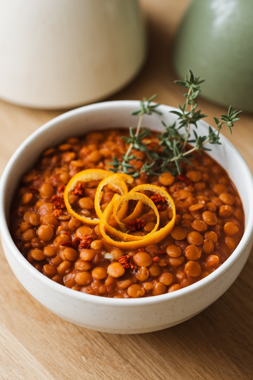 Indoor photo of lentil chili with visible orange zest curls on top, thyme sprig; no text or logos.