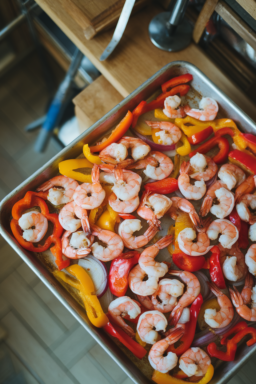 Indoor sheet pan loaded with cooked shrimp, bell peppers, and onions, vibrant spices visible, photographed overhead. No text or logos.