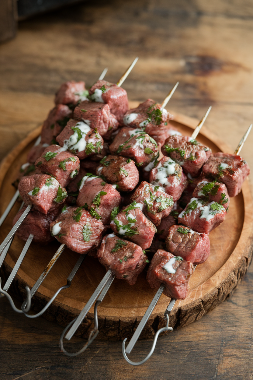 Indoor platter holding skewers of grilled beef chunks seasoned with herbs and brushed lightly with yogurt marinade. No logos; photo.