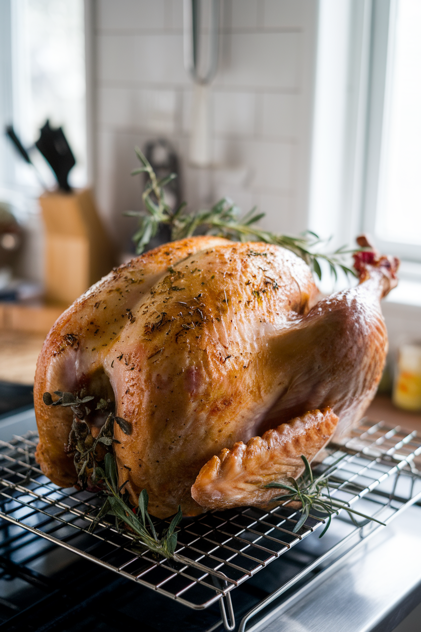 Photo of a golden spatchcocked turkey laid flat on a roasting rack inside a well-lit kitchen, herb sprigs tucked around the bird. No text or logos visible.
