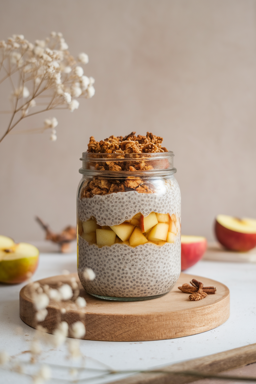 Glass jar indoors showing layers of chia pudding, cinnamon-spiced apple compote, and granola crumble on top, no logos or text.
