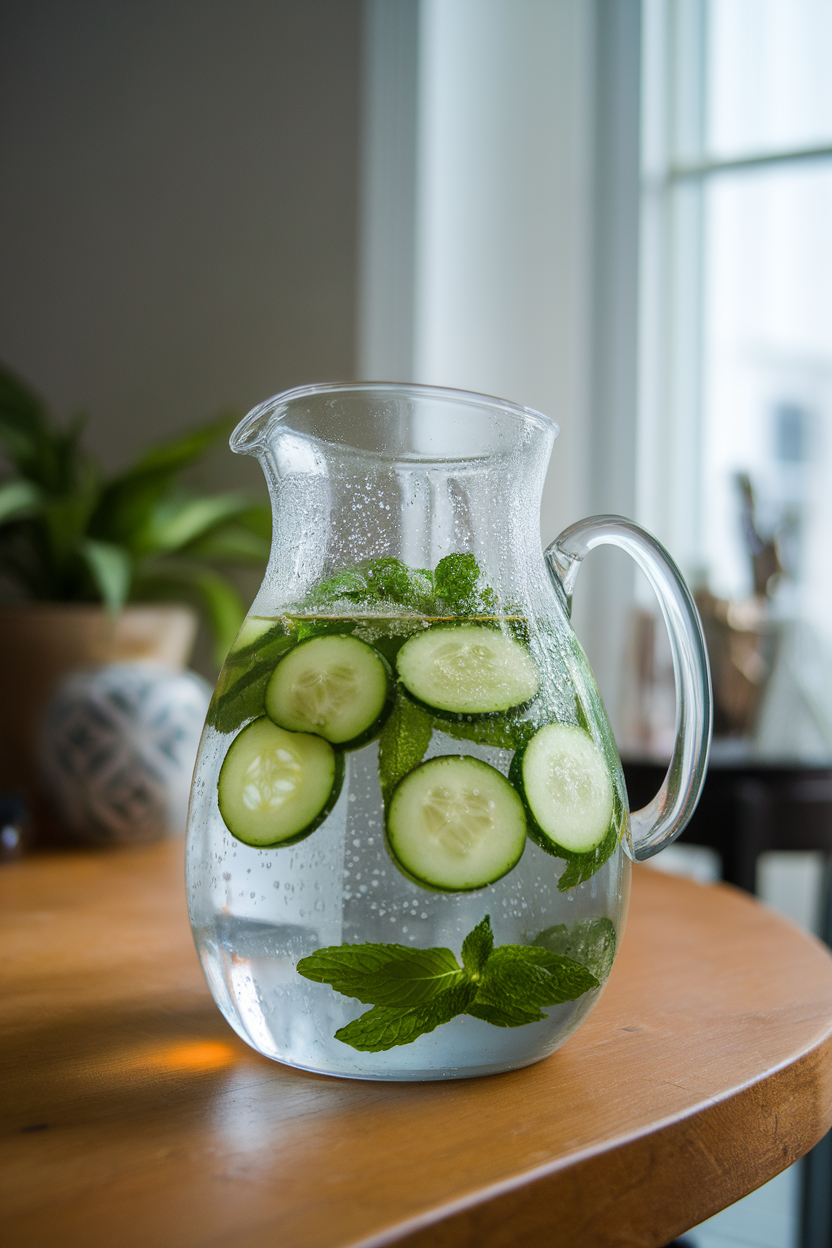 An indoor pitcher of water filled with floating cucumber rounds and fresh mint, condensation visible, no text or logos.