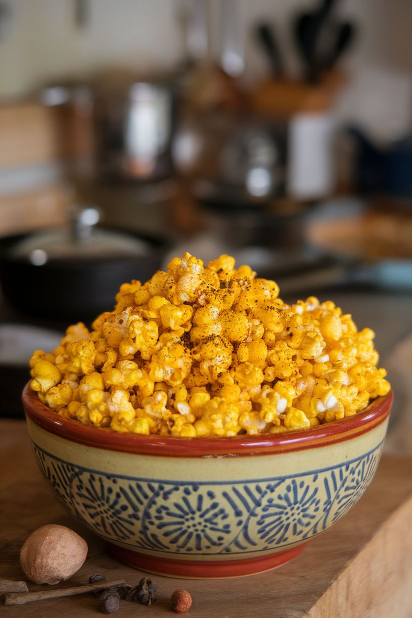 Indoor ceramic bowl brimming with yellow-tinted popcorn seasoned with turmeric and black pepper, three-quarter angle. No text or logos.
