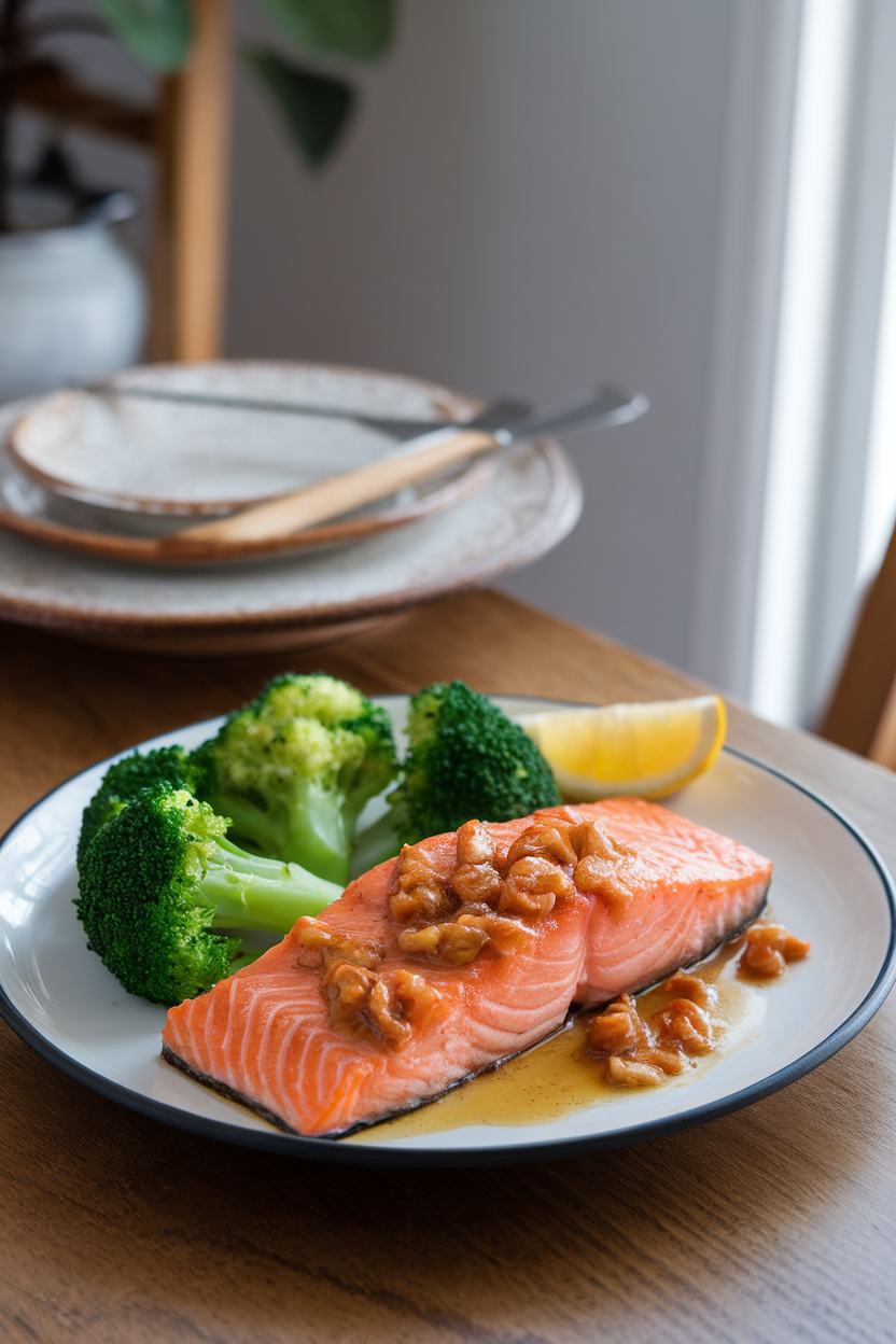 An indoor dining table featuring a plate of cooked salmon fillet glazed with garlic-ginger sauce, alongside bright green steamed broccoli florets and a lemon wedge. No text or logos anywhere. Photo.