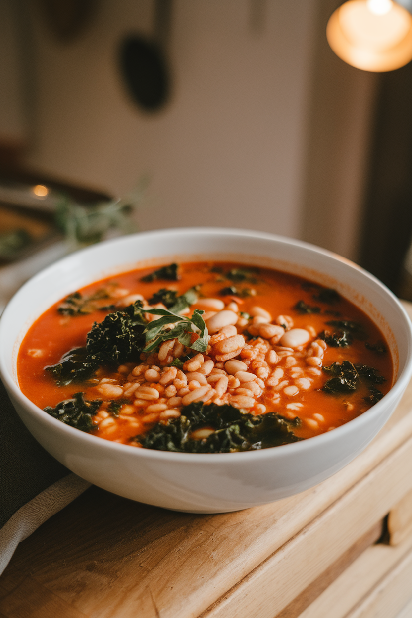 Indoor photo of hearty soup with farro grains, cannellini beans, and kale in a tomato broth, no text or logos.