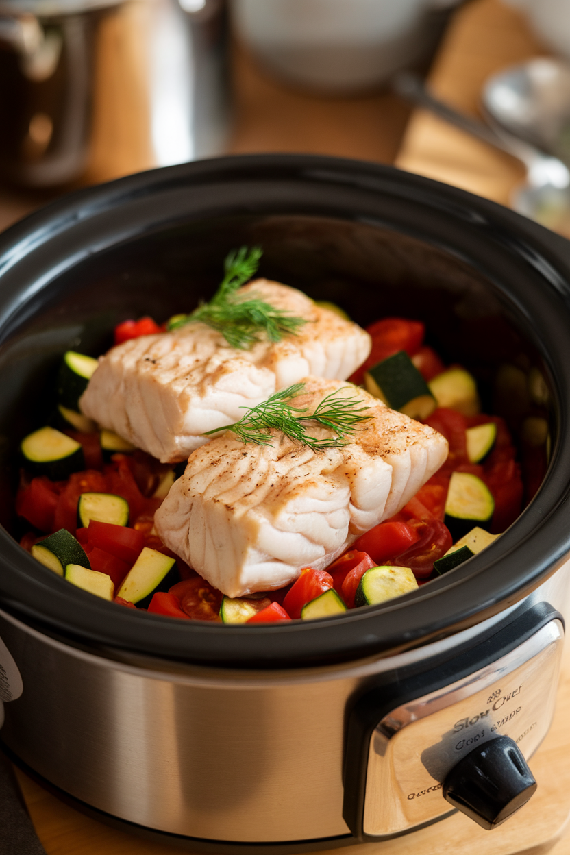 Indoor photo of flaky cooked cod fillets atop diced zucchini and tomatoes in a slow cooker, garnished with fresh dill, no text or logos.