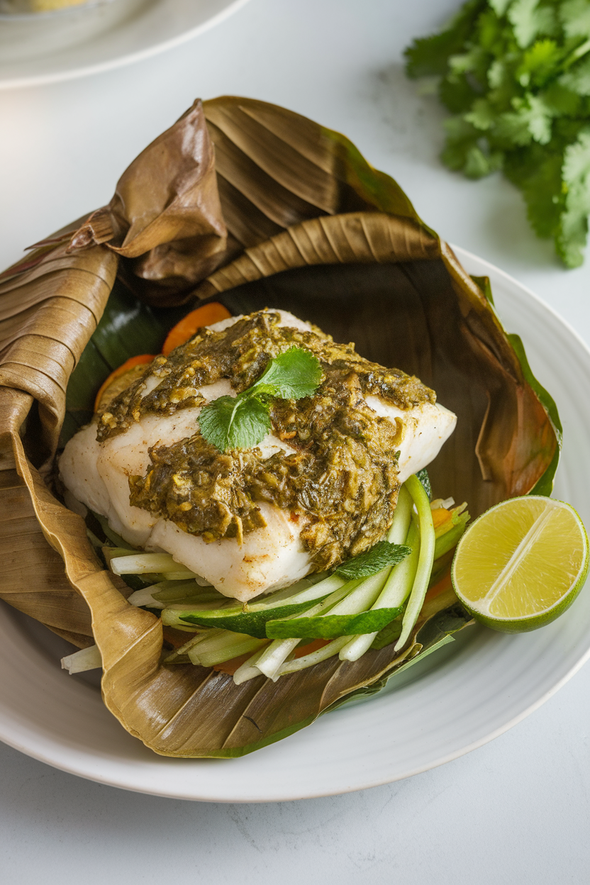 Photo prompt: An indoor plate with a banana-leaf parcel opened to reveal cooked white fish coated in green cilantro-mint marinade, a wedge of lime on the side. No text or logos.