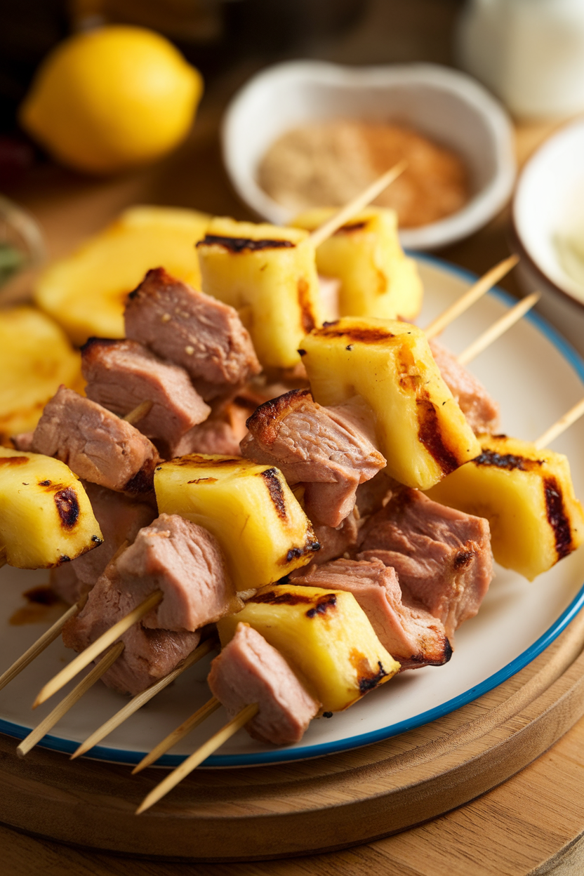 Indoor photo of short bamboo skewers threaded with grilled pineapple chunks and lean turkey cubes, resting on a platter. No text or logos.