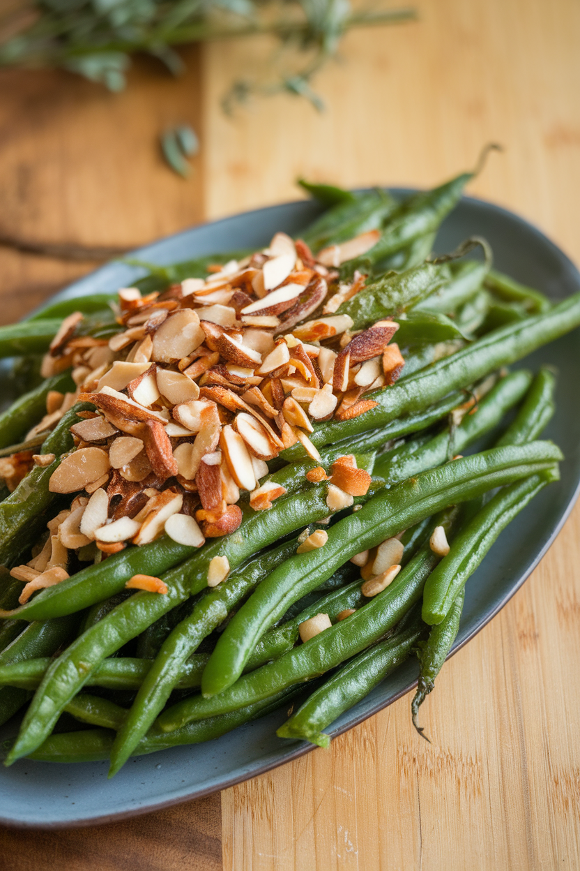 Indoor image of sautéed green beans topped with toasted slivered almonds on a platter, no text or logos.