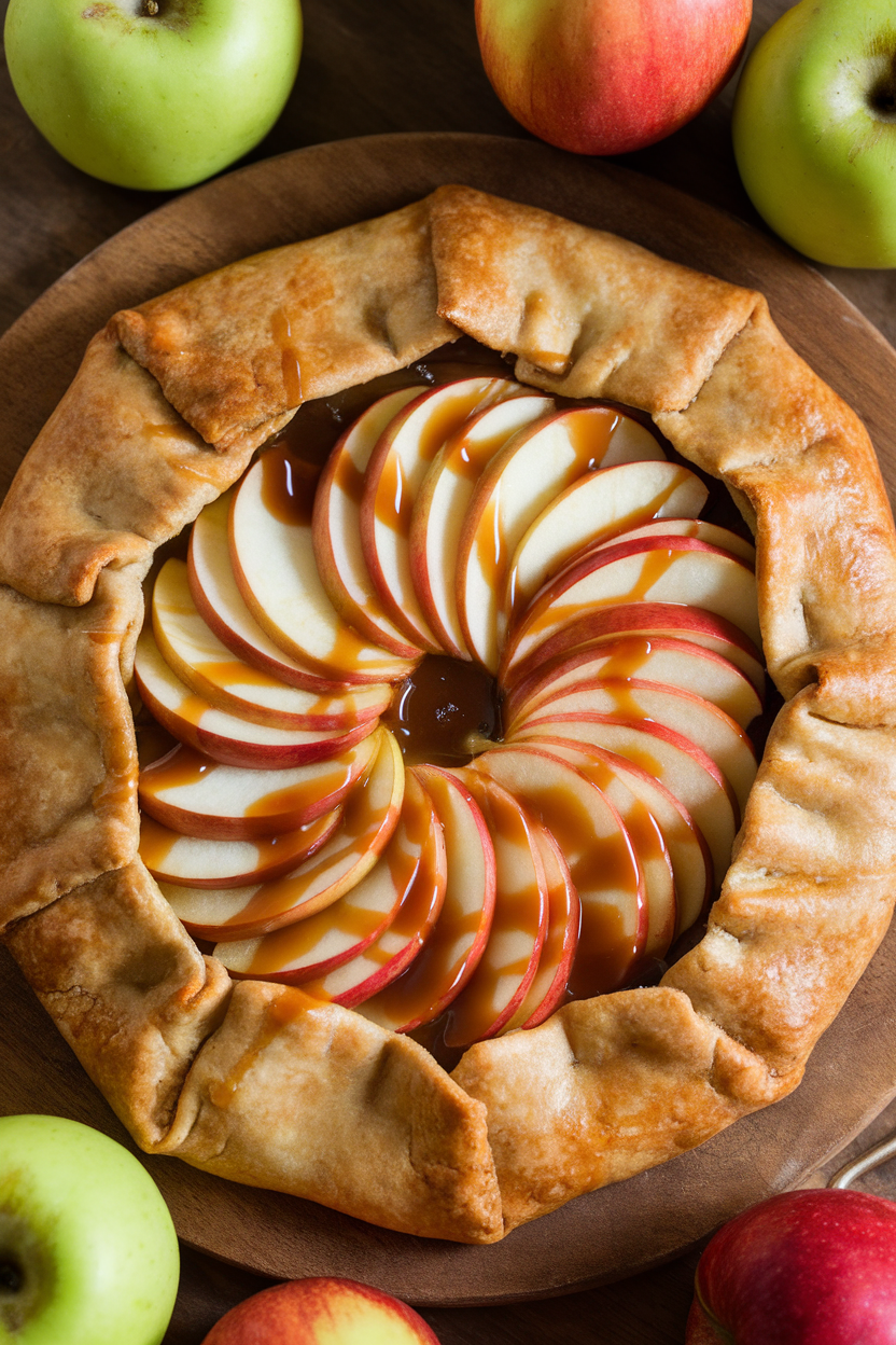 A rustic galette indoors with fanned apple slices drizzled in salted caramel, pastry edges folded. No text or logos. Photo.