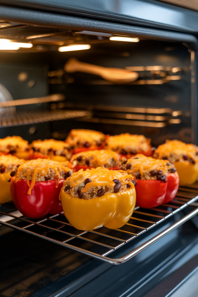 Warm indoor oven rack view of colorful bell peppers stuffed with quinoa, black beans, and corn, cheese lightly melted on top. No logos or text; photo only.