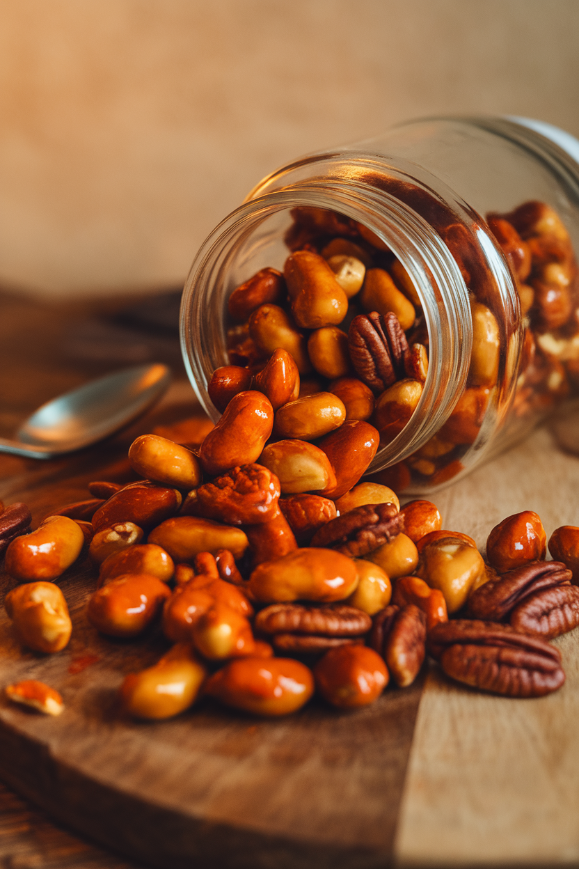 Photo of an indoor glass jar spilled onto a wooden board, showing mixed nuts coated in glossy sweet chili glaze; warm bar-style lighting, no text or logos