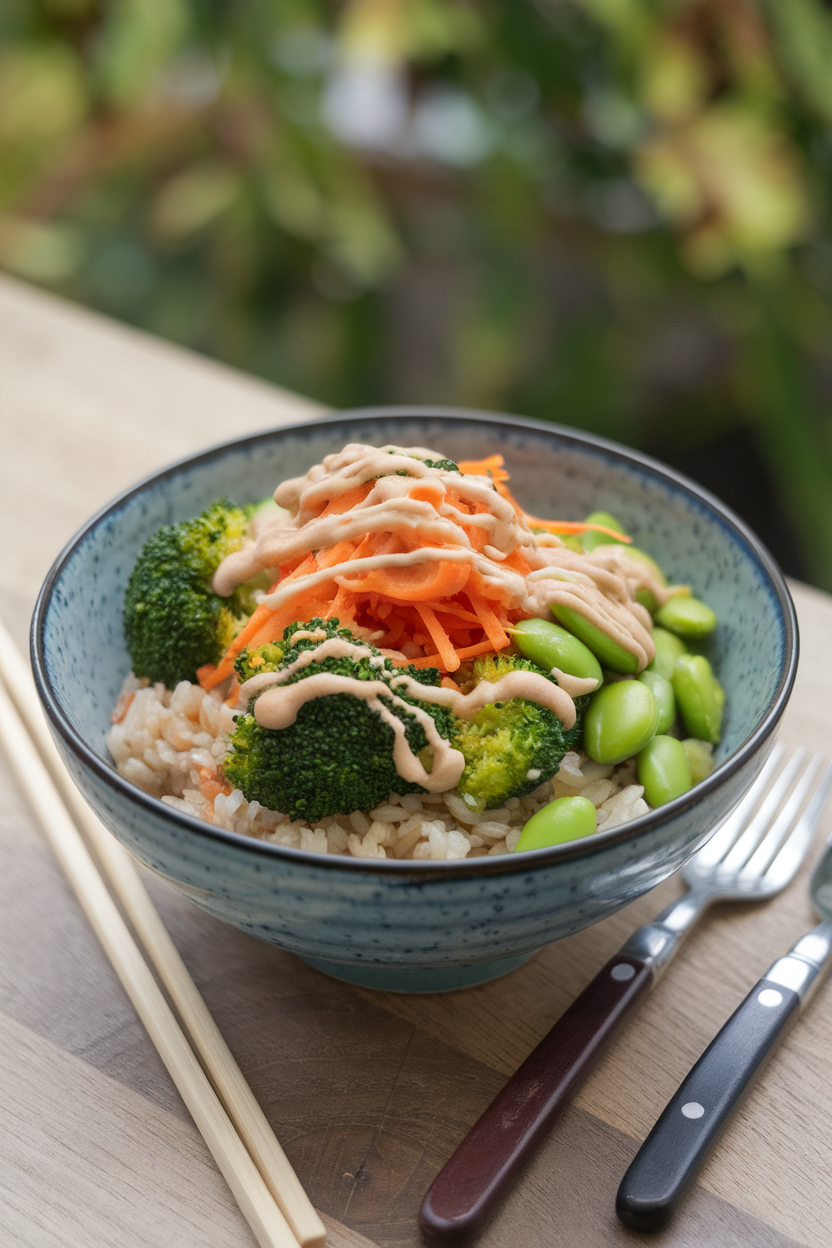 Indoor dinner bowl with brown rice topped by steamed broccoli, shredded carrots, edamame, and a drizzle of sesame dressing; no text or logos, photo style.