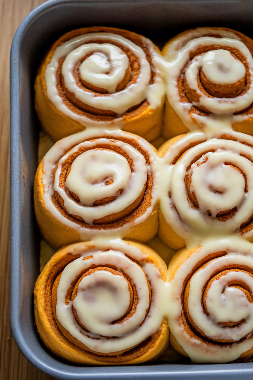 Baking dish indoors filled with soft sweet potato cinnamon rolls, cream cheese icing melting into the swirls, no text or logos.