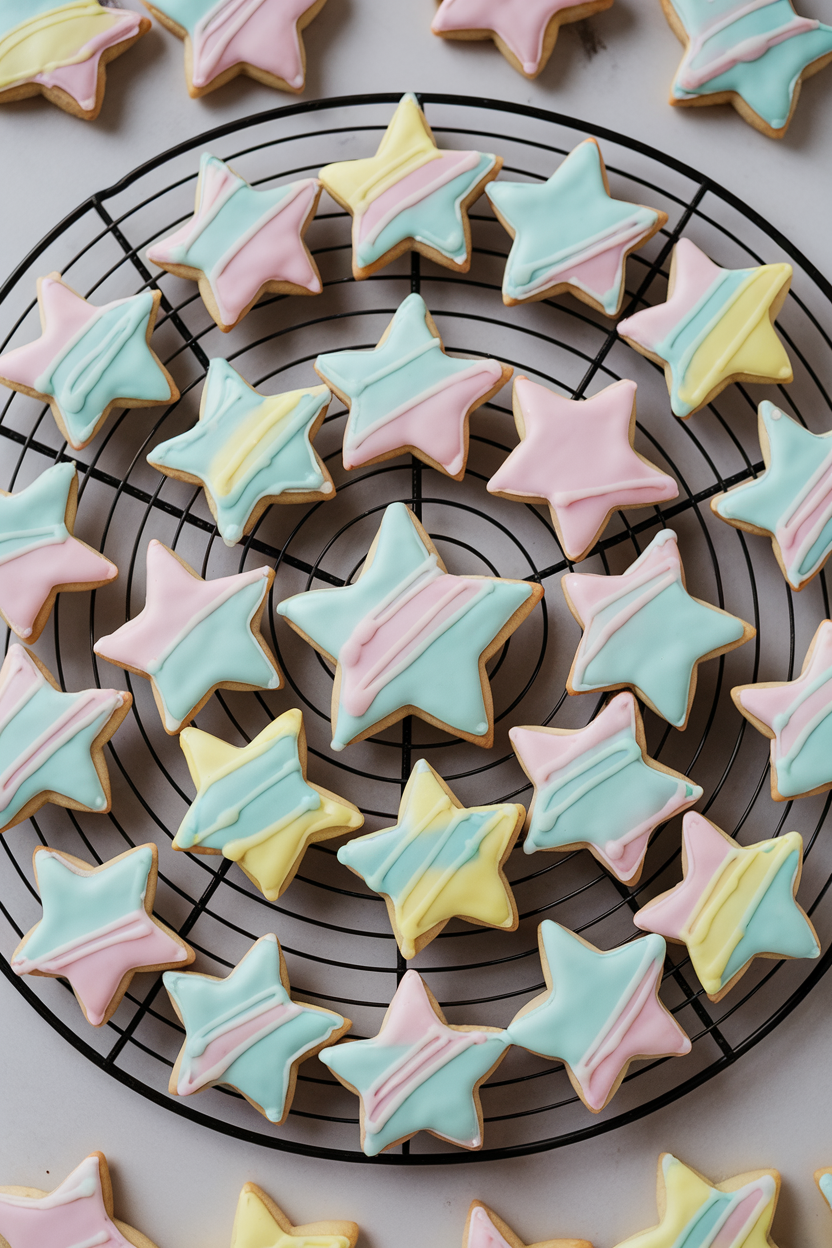 An overhead indoor shot of star-shaped sugar cookies iced in pastel royal icing, arranged on a cooling rack. Photo, no text or logos.