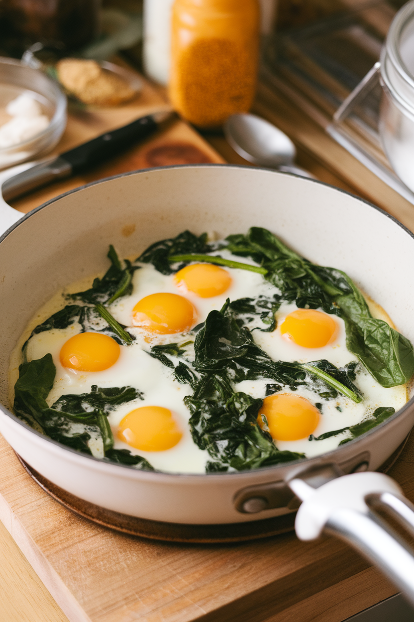 Indoor scene of a white ceramic-coated pan cooking egg whites and spinach, no brand marks.