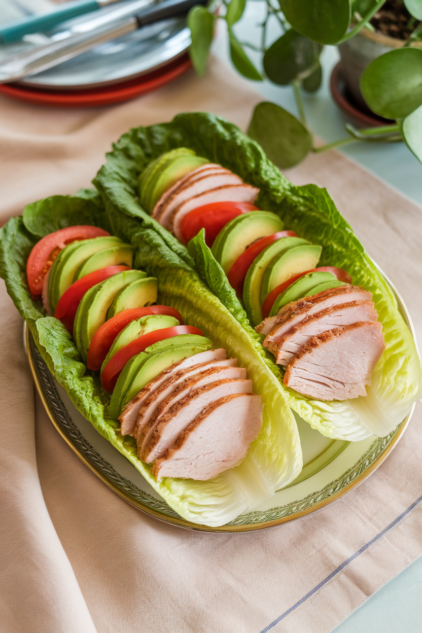 Indoor table with crisp romaine leaves filled with sliced turkey, avocado, and tomato, arranged neatly on a platter. No text or logos in sight.