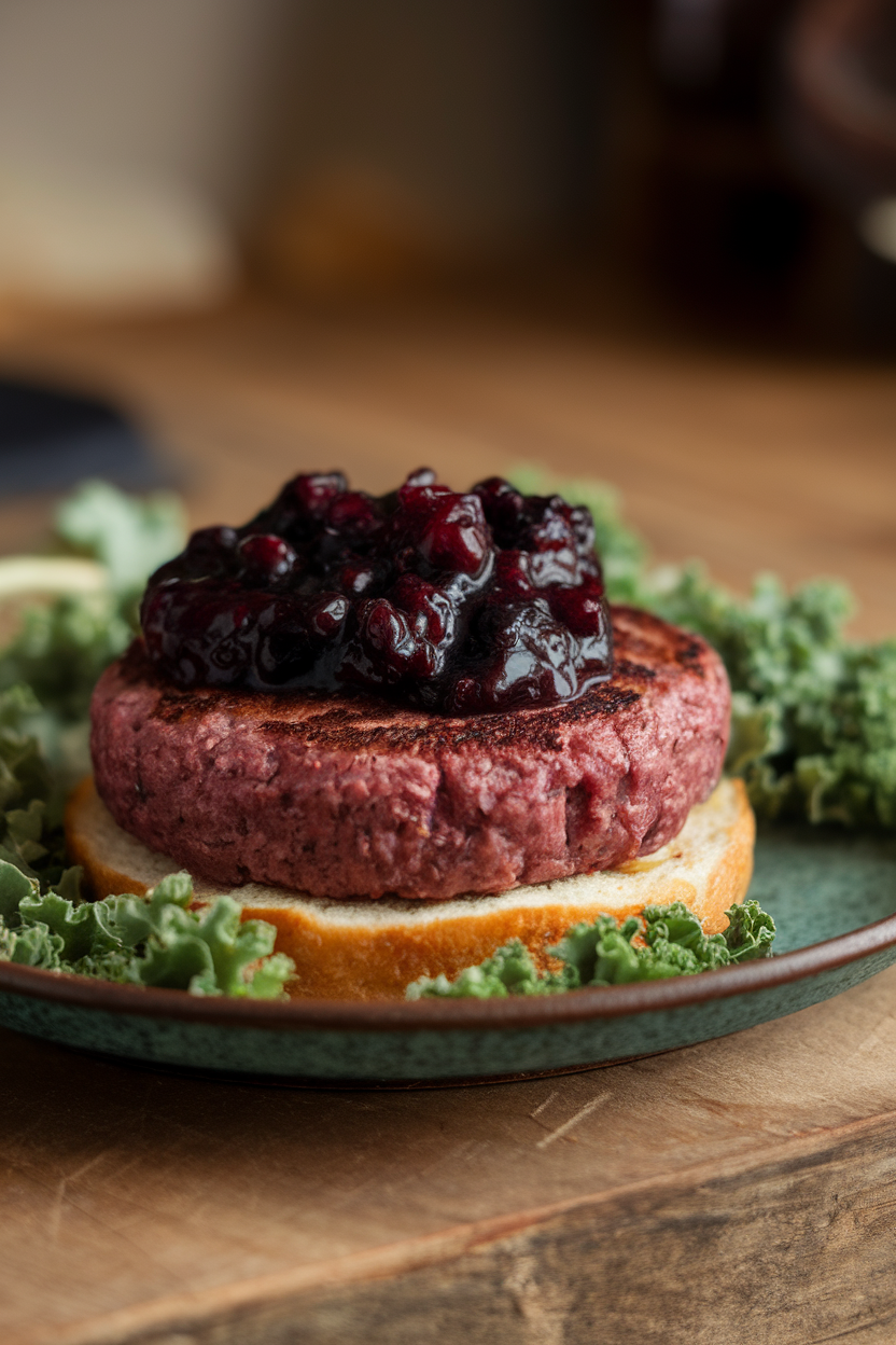 Photo of a cooked bison burger on a rustic plate, topped with a spoonful of warm blueberry compote and baby kale, indoors under soft light; no text or logos; photo, not illustration